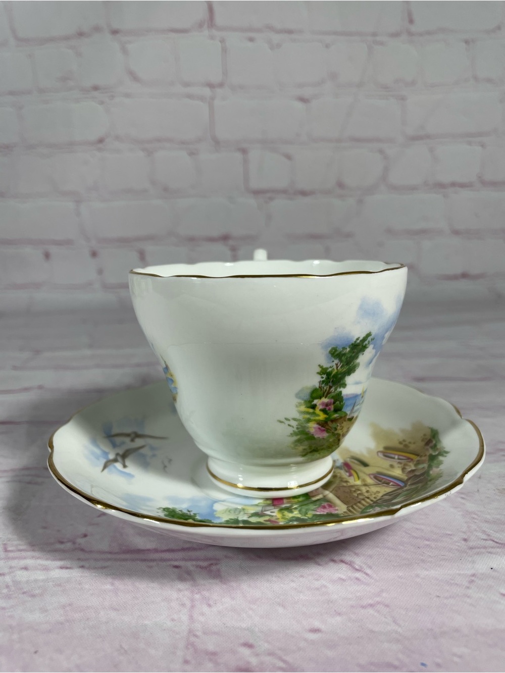 Vintage Regency English Coastal Village Bone China Footed Teacup and Saucer Set - Picture 3 of 11